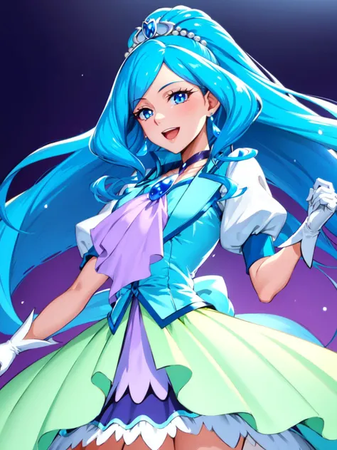 masterpiece, best quality, looking at viewer, depth of field, standing, open mouth,
1girl, <lora:locon_cure_fontaine_01:0.9>, cure fontaine, tiara, white gloves, ascot, brooch, vest, choker,
smile, ((gradient background)), lens flare,
