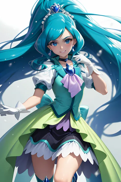 full_eyes masterpiece, best quality, realistic, long hair, blue hair, split ponytail, blue eyes, tiara, heart hair ornament, earrings, choker, brooch, cure fontaine costume, white gloves, ascot, vest, layered skirt, blue boots, knee boots, standing, cowboy shot, portrait, parted lips, cute, smile, free hands,