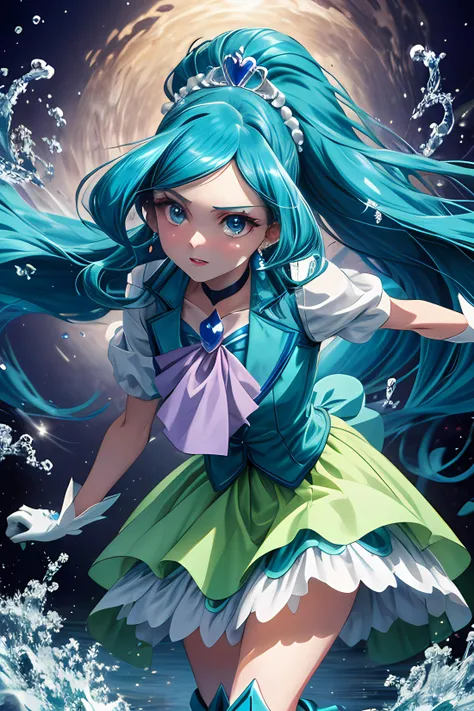 masterpiece,best quality, long hair, blue hair, split ponytail, blue eyes, tiara, heart hair ornament, earrings, choker, brooch, cure fontaine costume, white gloves, ascot, vest, layered skirt, blue boots, knee boots, water weave, standing, cowboy shot, portrait, parted lips, anime screencap, anime coloring, cute,