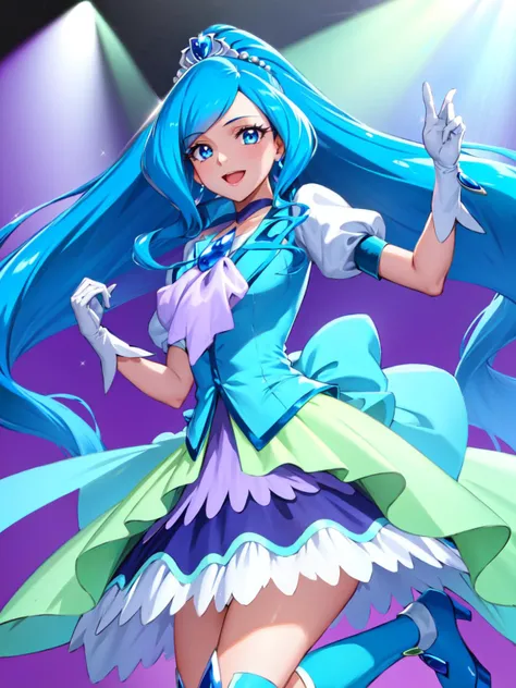 masterpiece, best quality, looking at viewer, depth of field, standing, open mouth,
1girl, <lora:locon_cure_fontaine_01:0.9>, cure fontaine, tiara, white gloves, ascot, brooch, vest, choker, blue boots,
smile, ((gradient background)), lens flare,