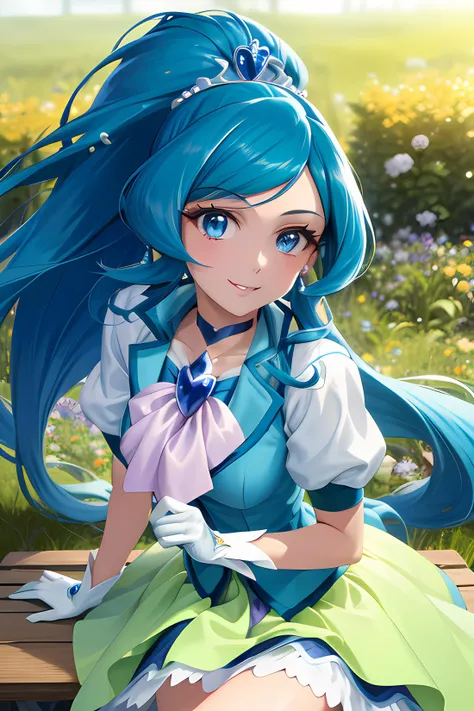 masterpiece, best quality, realistic, long hair, blue hair, (split ponytail), blue eyes, tiara, heart hair ornament, earrings, choker, brooch, cure fontaine costume, white gloves, ascot, vest, layered skirt, blue boots, knee boots, standing, cowboy shot, portrait, parted lips, cute, smile, free hand, motion blur, looking at viewer, A park with lush greenery, sitting, A bench,