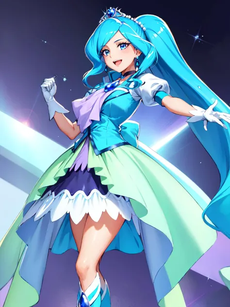 masterpiece, best quality, looking at viewer, depth of field, standing, open mouth,
1girl, <lora:locon_cure_fontaine_01:0.9>, cure fontaine, tiara, white gloves, ascot, brooch, vest, choker, blue boots,
smile, ((gradient background)), lens flare,