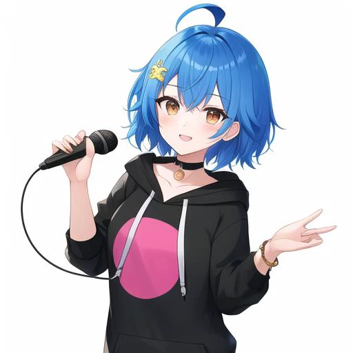 spins a wheel, reads a rap, holds a microphone, talk show, full body,  half upper body, <hypernet:Mana Renewal:0.1>, Official_art, masterpiece, best_quality, 1girl, ahoge, bangs, blue_hair, brown_eyes, choker, hair_ornament, hoodie, hood down, looking_at_viewer, short_hair, collar, virtual_youtuber, white_background