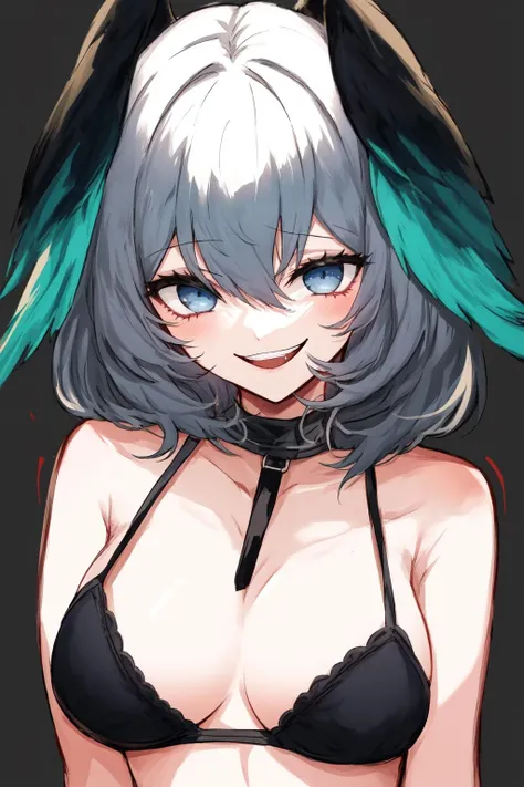 masterpiece, best quality, highly detailed, 1girl, solo, hoolheyak, grey hair, head wings, large breasts, hair between eyes, black bra, black panties , simple background, smile, upper body, looking at viewer, <lora:hoolheyak-12:1>