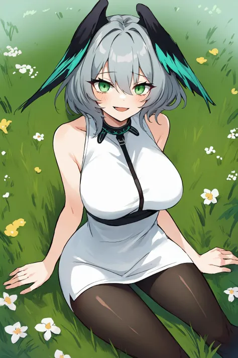 masterpiece, best quality, highly detailed, 1girl, solo, hoolheyak, grey hair, head wings, large breasts, hair between eyes, pantyhose, dress, green eyes, black pantyhose, sleeveless, short hair, white dress, outdoor, day, flowers, grass, smile, <lora:hoolheyak-12:1>