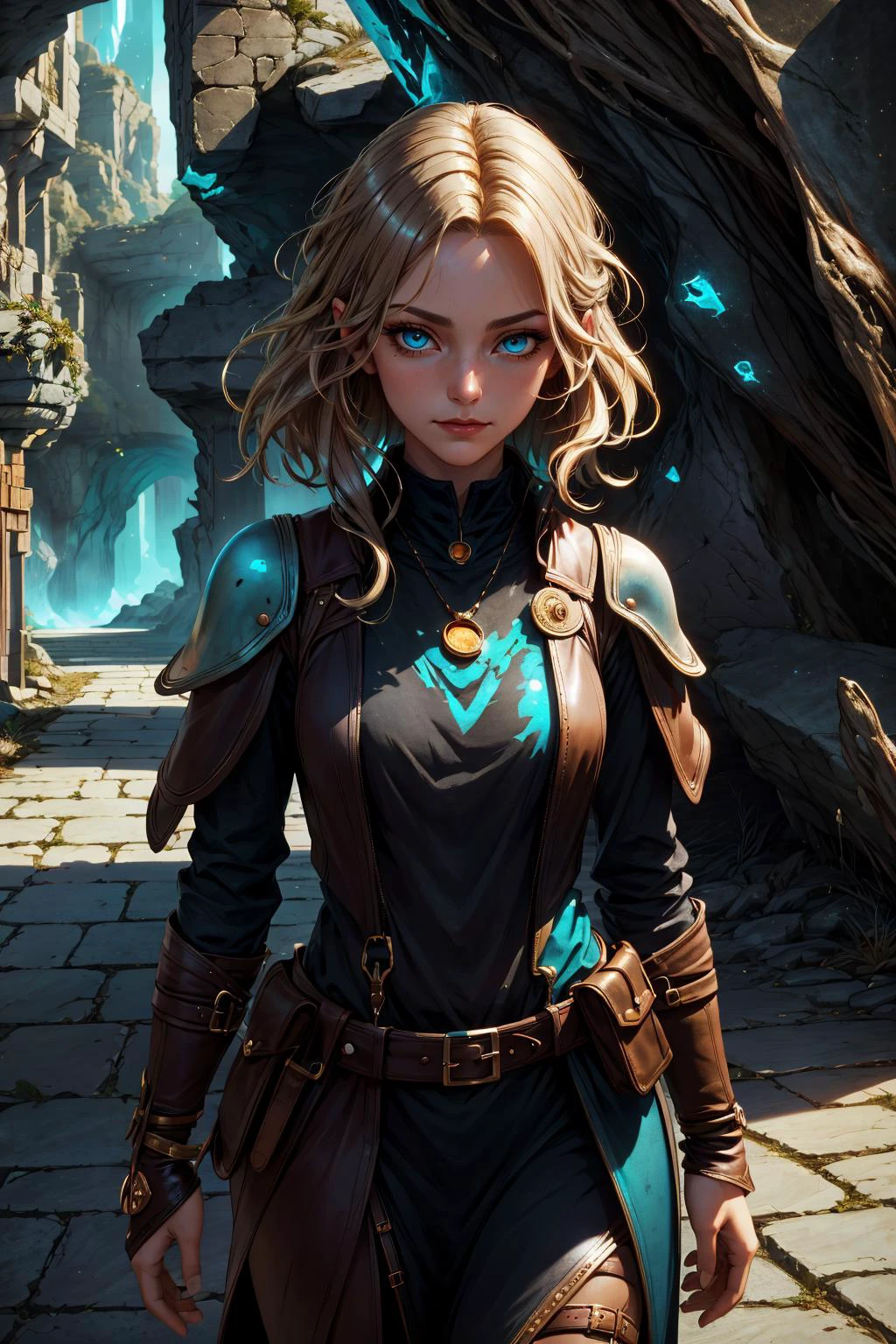 (masterpiece, best quality), <lora:add_detail_v5:0.5>, <lora:stylesqueeze_v2:0.25>,
1 girl, adult (elven:0.7) woman, teal eyes, natural blonde messy hair,
portrait, looking down, solo, (full body:0.6), detailed background, detailed face, (<lora:DwemerTech:0.7> dwemertech, ancient theme:1.1), smirk, smuggler, dynamic pose, elaborate dark leather (armor:0.7), belts, keys, small leather pouch, high fantasy medieval setting, dark cave background, stealth, suspicious, stolen goods, (crates in background:0.8), secret passage, shadows, dark atmosphere,