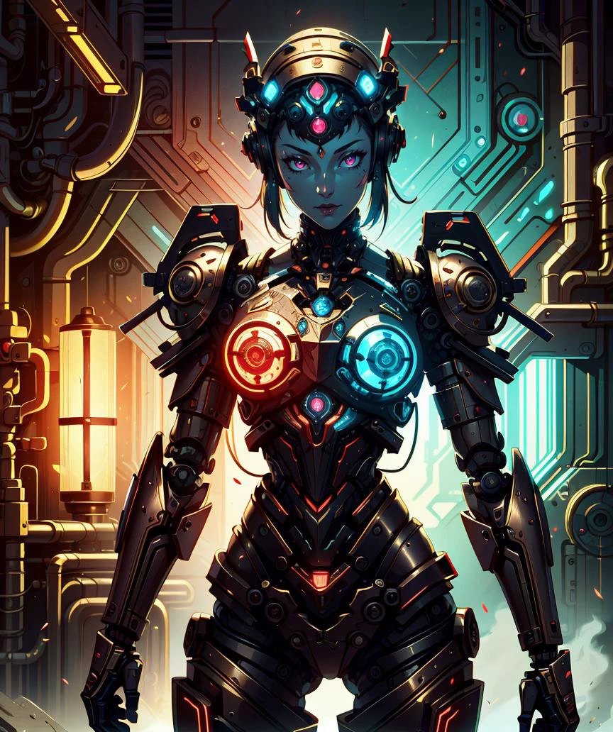 (masterpiece:1.1), (best quality:1.1), (detailed:1.0), (vibrant colors:1.2), 1 girl , (robot body:1.0), (mechanical parts:1.0), (looking at viewer:1.0), (dwemertech:1.0), (ancient:1.0), <lora:DwemerTech:0.8>, cowboy shot