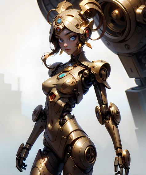 (masterpiece:1.1), (best quality:1.1), vibrant colors, BREAK, (solo:1.2), (dynamic angle:1.0), 1 girl, (robot body:1.0), (mechanical parts:1.0), (looking at viewer:1.0), dwemertech, (brass:1.0), (ancient:1.0), <lora:DwemerTech:0.8>, cowboy shot