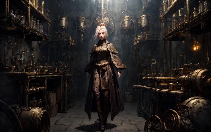 masterpiece, epic, majestic, best quality, very high resolution, 8k, hdr, digital photography, dynamic pose, statuesque 26 years old female Klabautermann enchanter, silver eyes, (yellow hair, bun hair:1.1), looking at camera with a hungry expression, looking at viewer, solo, full body, detailed background, detailed face, (<lora:DwemerTech:0.7> dwemertech, brass theme:1.1) medieval alchemist, driven, goggles, ancient talisman, magnets, cluttered,magical scrolls, technology, workshop in background, magical fantasy atmosphere, ominous ambience, occult hermeticism, shadows, (<!modern science, modern equipment, modern laboratory,>!:1.2),, (iridescent:0.7), (transparent:0.8), (translucid:0.8), (reflection:0.6), (refraction:0.3), (diffraction:0.3), (caustics:0.3), volumetric lights, volumetric shadows, (subsurface scatering:0.4), physically based rendering, (intricate details:1.3), hyperdetailed, ultrarealistic, (sharp focus:1.2) <lora:hyperdenoiser_v090:1.8> <lora:add_detail:1.5>