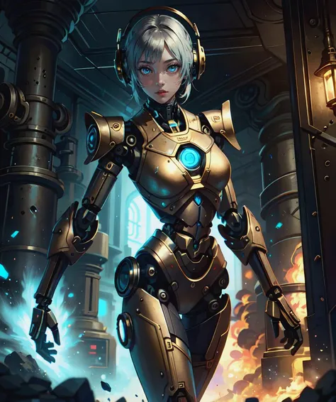 (masterpiece:1.1), (best quality:1.1), vibrant colors, BREAK, solo, dynamic angle, 1 girl, (robot body:1.3), (mechanical parts:1.0), (looking at viewer:1.0), dwemertech, (brass:1.0), (ancient:1.0), <lora:DwemerTech:0.8>,, cowboy shot