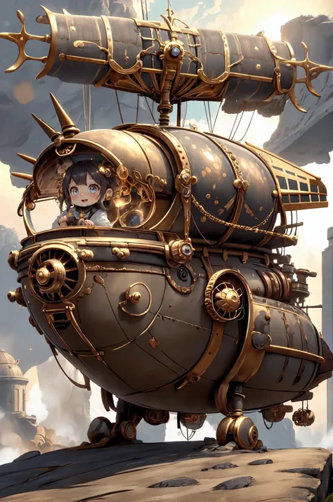 masterpiece, best quality, steampunk, photo, girl focus,
1girl, young, kawaii, chibi, happy,
outdoors, sunset, a large airship in the background sky. <lora:DwemerTech:0.7> ,dwemertech,brass,ancient,