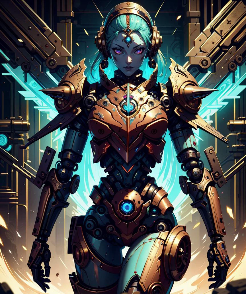 (masterpiece:1.1), (best quality:1.1), (detailed:1.0), (vibrant colors:1.2), 1 girl , (robot body:1.0), (mechanical parts:1.0), (looking at viewer:1.0), (dwemertech:1.0), (ancient:1.0), <lora:DwemerTech:0.8>, cowboy shot