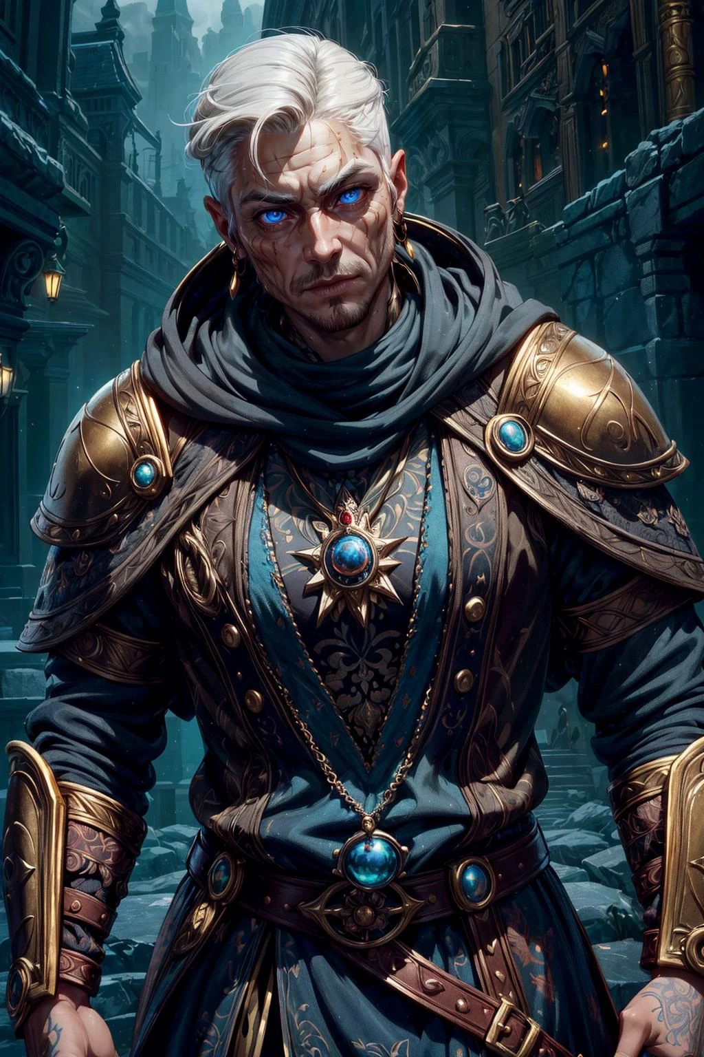 (Tilt-shift photo, Selective focus, miniature effect, blurred background, highly detailed, vibrant, perspective control,:1.1), soft lighting, fantastic colorful, (masterpiece:1.2), ultra-detailed, (best quality), illustration, (Depth of field), <lora:tangbohu-detailer_1.0:1>, <lora:sharpen-soften:-0.5>, <lora:realistic:0.1>, <lora:kittew_v0.1:0.4>,
(1man, masculine adult italian male:1.2), amber eyes, dark blonde hair, buzz cut,
Style-GravityMagic, solo, (full body:0.6), looking up, detailed background, detailed face, (<lora:DwemerTech:0.7> dwemertech, ancient, brass theme:1.1), focus on eyes, grinning, witcher, monster slayer, wearing chainmail witcher clothes, elaborate, visible scars, hood, tattered cape belts, trinkets, glowing tattoos, magic-infused, graveyard in background, mist, tense anticipation, bokeh, mysterious atmosphere,
