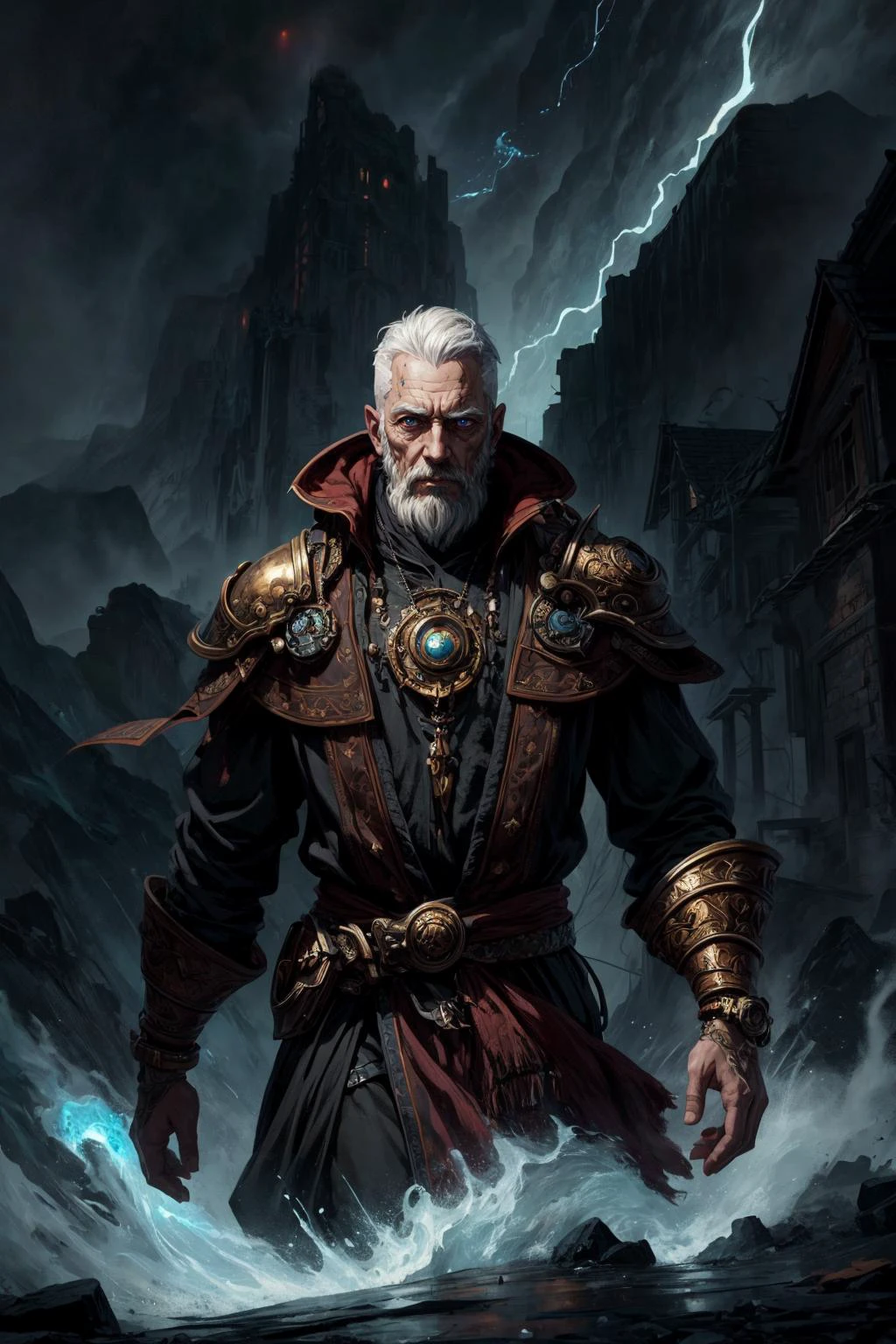 (masterpiece, best quality), aesthetic illustration, abstract and colorful paint style, <lora:add_detail:1>
(1man, old male:1.2), wise, red eyes, white hair, buzz cut,
portrait, solo, upper body, looking down, detailed background, detailed face, (<lora:DwemerTech:0.7> dwemertech theme:1.1), glowing eyes, wind-priest, vengeful storm, wearing elaborate wizard , storm themed enchanted pendant, hovering above aground, levitating, hair drifting, creating wind, unleashing powerful electricity, tempest, , eye of the storm, , whirlwind, mountaintop in background, illuminated night sky, <lora:LightingVFX:0.2>, epic atmosphere,