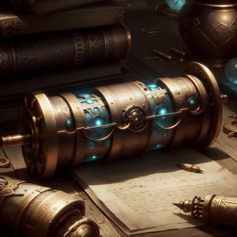 <lora:DwemerTech-21:1>, dwemertech,ancient ,brass ,scholar , scroll,