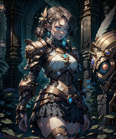 (masterpiece, best quality, HDR:1.2), 1 strong girl, round face shape, fantastic background, hair ornament, <lora:mithril-style-warrior-darquelilly-v1:0.45> mithrilstylewarrior, shoulder armor, breastplate, gem, pleated skirt, braid, knight, high heel boots, feathers, <lora:GoodHands-beta2:1>, <lora:DwemerTech-21:0.85> dwemertech, <lora:more_details:0.4>, <lora:Dreamwave v3:0.35>