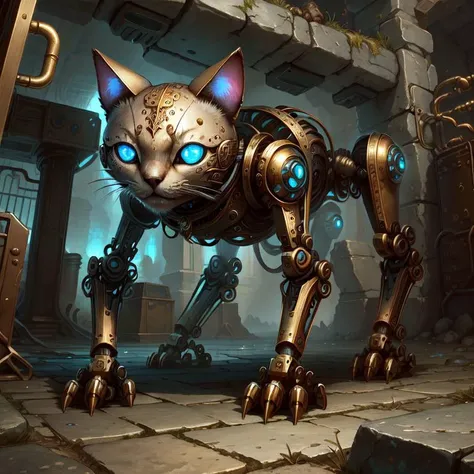 <lora:DwemerTech-21:1>, dwemertech,ancient ,brass , robotic cat