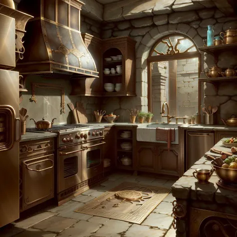 <lora:DwemerTech-21:1.4>, dwemertech,ancient ,brass ,kitchen,