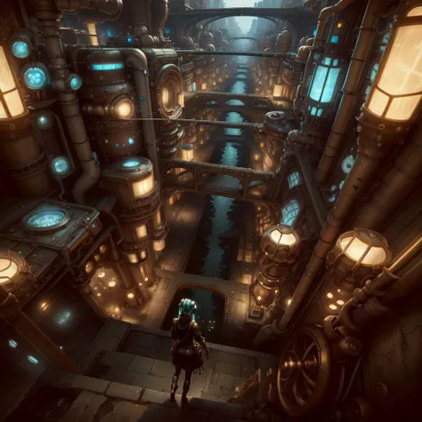 masterpiece, ultra high res, photorealistic , hyper realistic, intricate design, insanely detailed, fine details, <lora:DwemerTech-21:1>, dwemertech, brass,undergound, buildings, urban area, city lights, 1girl, twintails, hatsune miku,