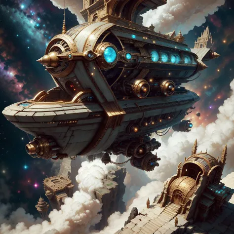 <lora:DwemerTech-21:1>, dwemertech,ancient ,brass , stone spaceship, in space