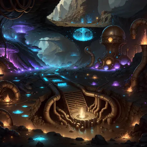 <lora:DwemerTech-21:1>, dwemertech, brass,underground, (lava sea), planet core ,street,