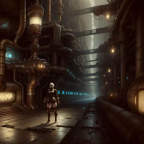 full shot, full body, Best quality, masterpiece, ultra high res, (photorealistic:1.4), hyper realistic, steampunk, intricate design, insanely detailed, fine details, <lora:DwemerTech-21:1>, dwemertech, brass,undergound,
detailed face, urban area, city lights, skimpy outfit, <lora:2bNierAutomata:0.6>,yorha no. 2 type b,