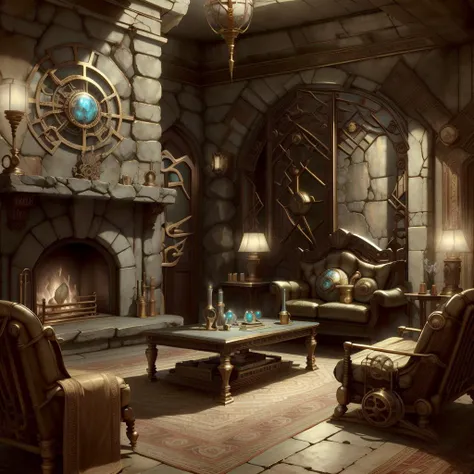 <lora:DwemerTech-21:1.4>, dwemertech,ancient ,brass living room,