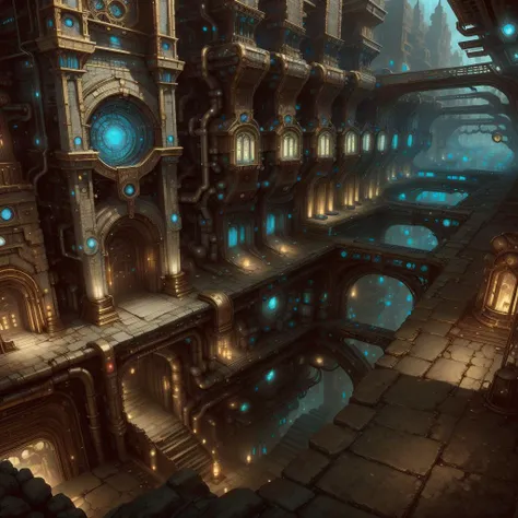 <lora:DwemerTech-21:1>, dwemertech,ancient ,brass city, urban area,