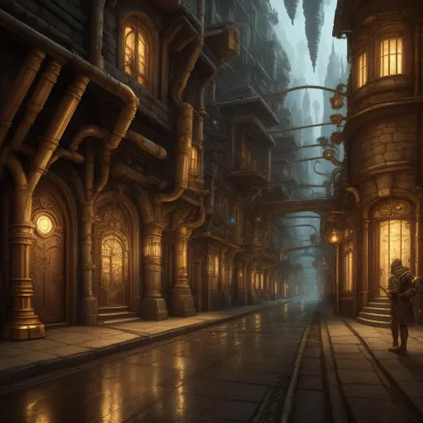 <lora:DwemerTech-21:0.8>, dwemertech, brass, ancient, city, street,