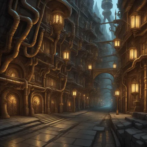 <lora:DwemerTech-21:0.8>, dwemertech, brass, ancient, city, street,