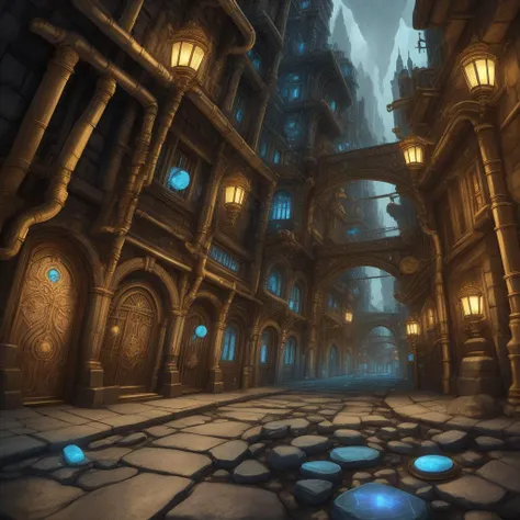 <lora:DwemerTech-21:0.8>, dwemertech, brass, ancient, city, street, blue magic stones,