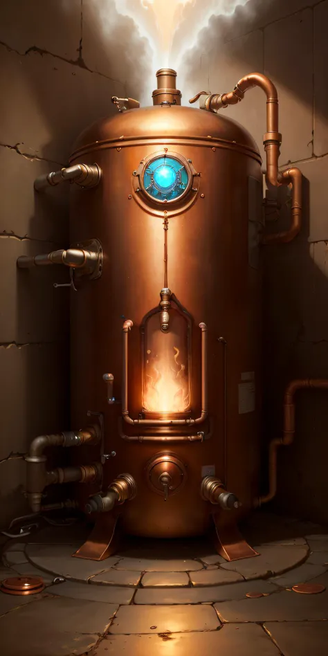 <lora:DwemerTech-21:0.8>, dwemertech, ancient, electric water heater , detailed background, copper and steel