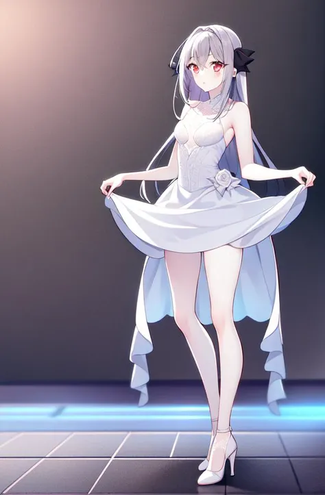 {{masterpiece}}, best quality, 1girl, white lace dress, <lora:sakurakouji luna v2.1-000015:1>, full body, hair ribbon, standing, bare legs, high heels,