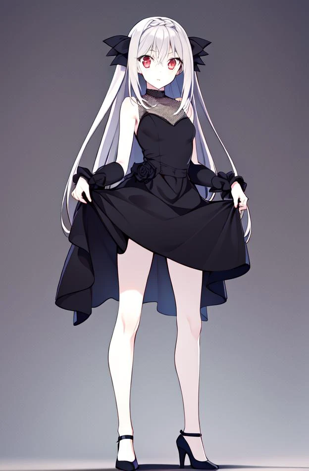 {{masterpiece}}, best quality, 1girl, black dress, <lora:sakurakouji luna v2.1-000015:1>, full body, hair ribbon, standing, bare back, bare legs, high heels,