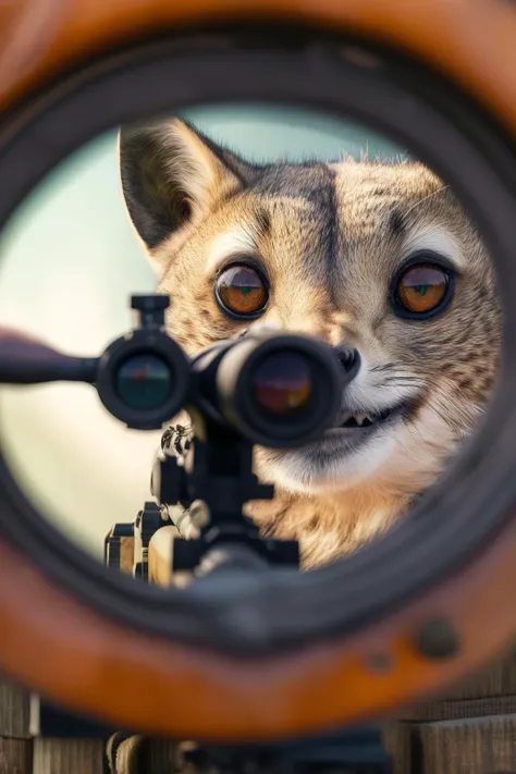 <lora:tbh73-:1>,masterpiece,best quality,animal sniper,In the telescope view,the animal is holding a sniper rifle and smiling at the camera,vivid and humorous,