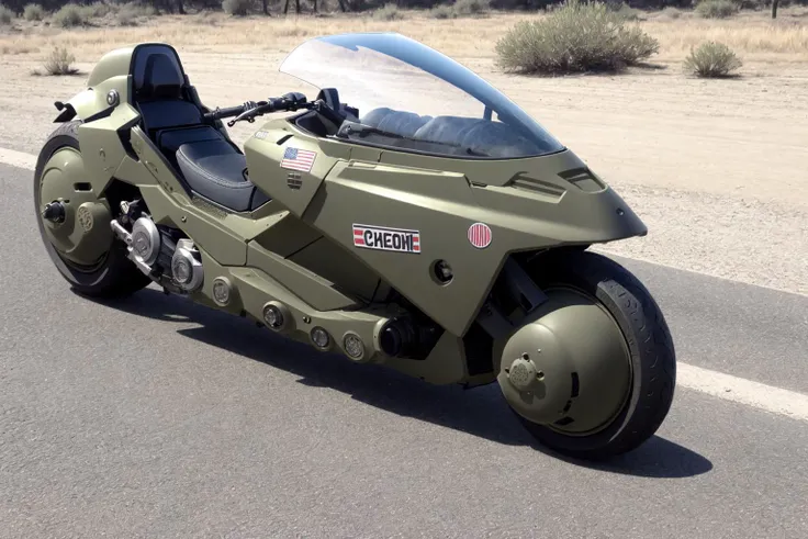 a dirty dull olive drab matte akirabike In the desert, military roundrel, military rank stencil, 1.5mm, gritty, masterpiece, best quality, <lora:akirabikev0.2:0.7>