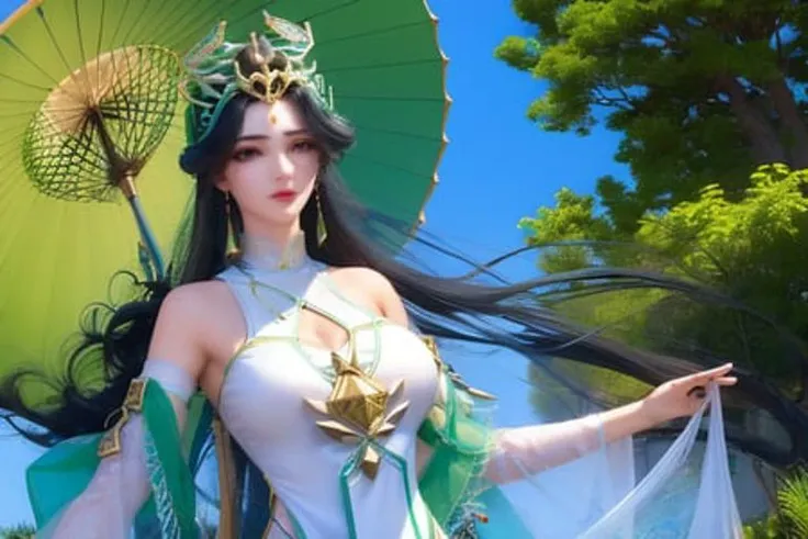 (LiuShen),1girl, (masterpiece), (best quality), (ultra detailed),(highres), absurdres, ultra realistic 4k CG, delicate pattern, intricate detail,best illumination,best shadow,natural lighting , depth of field,blurry, 1girl, solo,medium_breasts,necklace,earings,jewelry, ((black hair:1.2)), solo, earrings, long hair, necklace,smile, hair ornament, shiny skin, (white chinese dress with green line, floating hair), Japanese style architecture,outdoors, Area occupied by the girl is less than 1/2 of the total area, <lora:LiuShen_PerfectWorld_v10:0.8>
