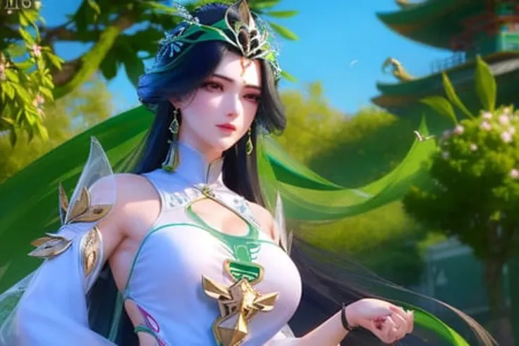 (LiuShen),1girl, (masterpiece), (best quality), (ultra detailed),(highres), absurdres, ultra realistic 4k CG, delicate pattern, intricate detail,best illumination,best shadow,natural lighting , depth of field,blurry, 1girl, solo,medium_breasts,necklace,earings,jewelry, ((black hair:1.2)), solo, earrings, long hair, necklace,smile, hair ornament, shiny skin, (white chinese dress with green line, floating hair), Japanese style architecture, peach blossom,blossom, willow tree,outdoors, <lora:LiuShen_PerfectWorld_v10:0.85>
