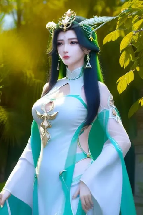 (LiuShen),1girl, (masterpiece), (best quality), (ultra detailed),(highres), absurdres, ultra realistic 4k CG, delicate pattern, intricate detail,best illumination,best shadow,natural lighting , depth of field,blurry, 1girl, solo,medium_breasts,necklace,earings,jewelry,( black hair:1.2), solo, earrings, long hair, necklace,smile, hair ornament, shiny skin,(cowboy shot), (white chinese dress with green line, floating hair), peach blossom,blossom,tree,outdoors, <lora:LiuShen_PerfectWorld_v10:0.8> <lora:koreanDollLikenesss_v10:0.2>