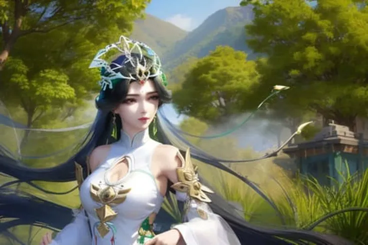 (LiuShen),1girl, (masterpiece), (best quality), (ultra detailed),(highres), absurdres, ultra realistic 4k CG, delicate pattern, intricate detail,best illumination,best shadow,natural lighting, 1girl, solo,medium_breasts,necklace,earings,jewelry, ((black hair:1.2)), solo, earrings, long hair, necklace,smile, hair ornament, shiny skin, (white chinese dress with green line, floating hair), (Japanese style architectures:1.2 at the downside),outdoors, Area occupied by the girl is less than 1/2 of the total area, (float on the air), <lora:LiuShen_PerfectWorld_v10:0.8>