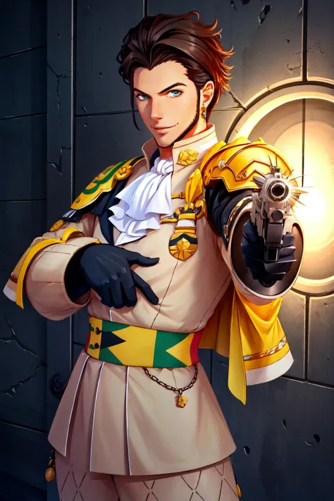 Highly detailed, High Quality, Masterpiece, beautiful, ClaudeAfter, <lora:Claude:0.8>, 1boy, light smile, aiming at viewer, handgun, <lora:Pos_AimingHandgunAtViewer:1>