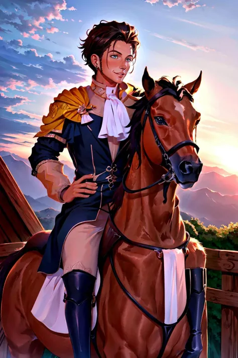 Highly detailed, High Quality, Masterpiece, beautiful, ClaudeAfter, <lora:Claude:1>, 1boy, light smile, riding, horseback riding,