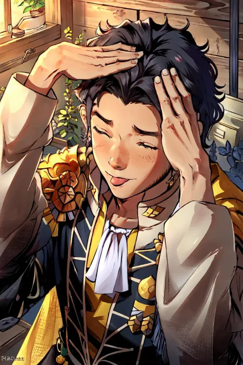 Highly detailed, High Quality, Masterpiece, beautiful, ClaudeAfter, <lora:Claude:1>, 1boy, hahetobleh, from above, hands on own head, closed eyes, tongue, <lora:Pos_AhEtoMemePose:0.8>