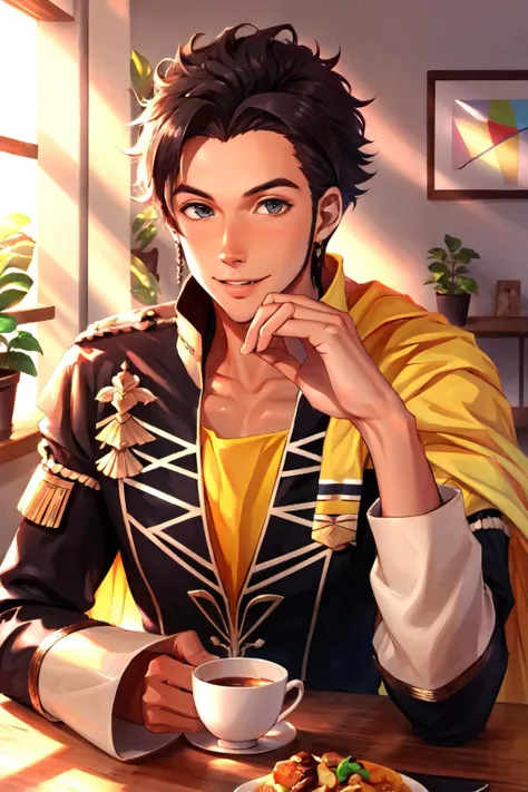 Highly detailed, High Quality, Masterpiece, beautiful, ClaudePre, <lora:Claude:0.8>, 1boy, light smile, food, simple background, elbows on table, cup, blurry background, indoors, upper body, tea, <lora:Pos_AcrossTable:1>
