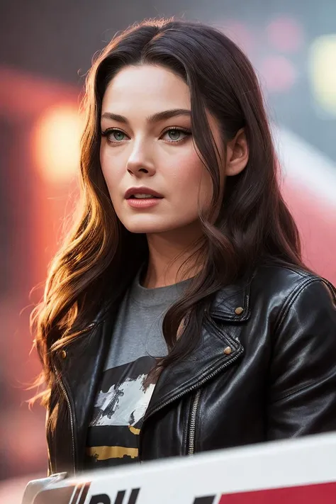 photo of (al3xadaval0s:0.99), a woman as a movie star, modelshoot style, (extremely detailed CG unity 8k wallpaper), photo of the most beautiful artwork in the world, professional majestic oil painting by Ed Blinkey, Atey Ghailan, Studio Ghibli, by Jeremy Mann, Greg Manchess, Antonio Moro, trending on ArtStation, trending on CGSociety, Intricate, High Detail, Sharp focus, dramatic, photorealistic painting art by midjourney and greg rutkowski, (long black leather jacket), (tight t-shirt with logo), ((comicon event)), (leather trousers), ((standing on the red carpet)), ((paparazzi in the background)), (looking at viewer), (detailed pupils:1.3), (modern outfit:1.2), (closeup), red lips, (eye shadow)