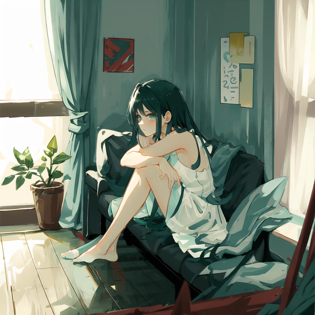 Anime girl sitting on a couch in a room with a plant - SeaArt AI