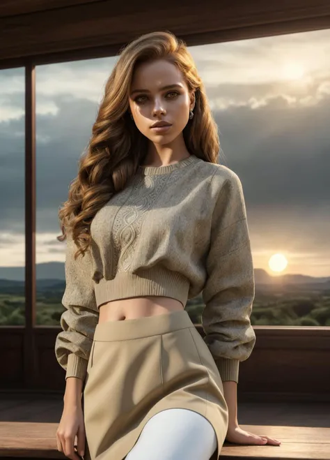 Em1lyD3ytAys4g3_HM-135, At an outdoor bar, table has food and drinks, Martian landscape, sand, hills, sun setting behind the horizon, giant planet in the sky, subdued colors, she is wearing a cropped sweater, knee-length skirt, knee height socks, and boots, detailed expressive eyes, bright mood lighting, (8k, RAW photo, best quality, depth of field, ultra high res:1.2), (intricate, photorealistic, masterpiece, ultra-detailed), dynamic lighting