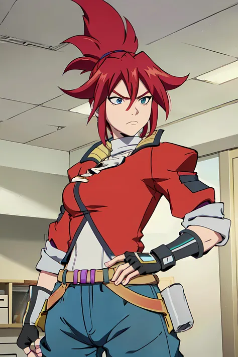 masterpiece, high quality, beautiful detailed eyes, upper body, city, outside, sunny, Red Hair, red jacket, blue shorts, blue eyes, confused, waist up, angry, pose,