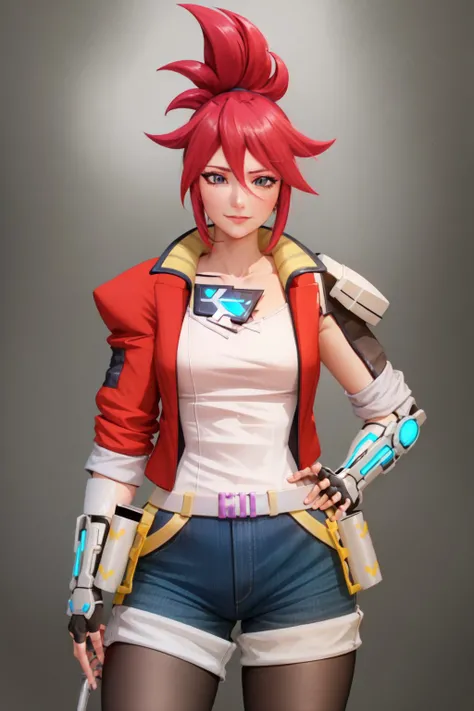 (masterpiece, best quality:1.2), <lyco:hi-firush_korsica-10:1.0>, cowboy shot, solo, 1girl, korsica, smile, looking at viewer, hand on hip, ponytail, red jacket, puffy sleeves, shirt, short shorts, pantyhose, (fingerless gloves:1.1), belt