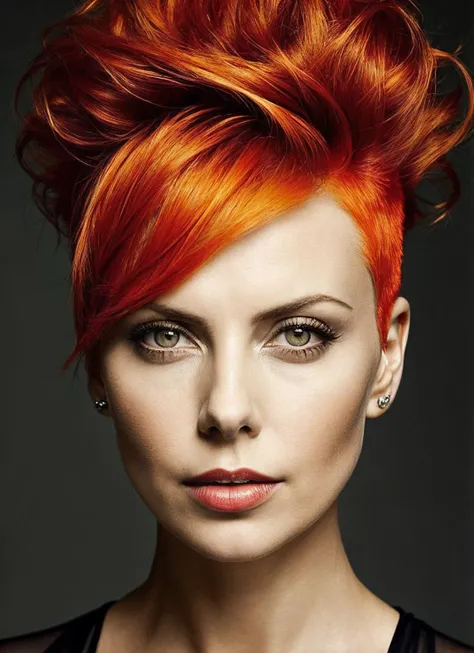 portrait of sks woman by Flora Borsi, style by Flora Borsi, bold, bright colours, orange Mohawk haircut, ((Flora Borsi)), <lora:lora_charlize_v1_from_v1_160:1>